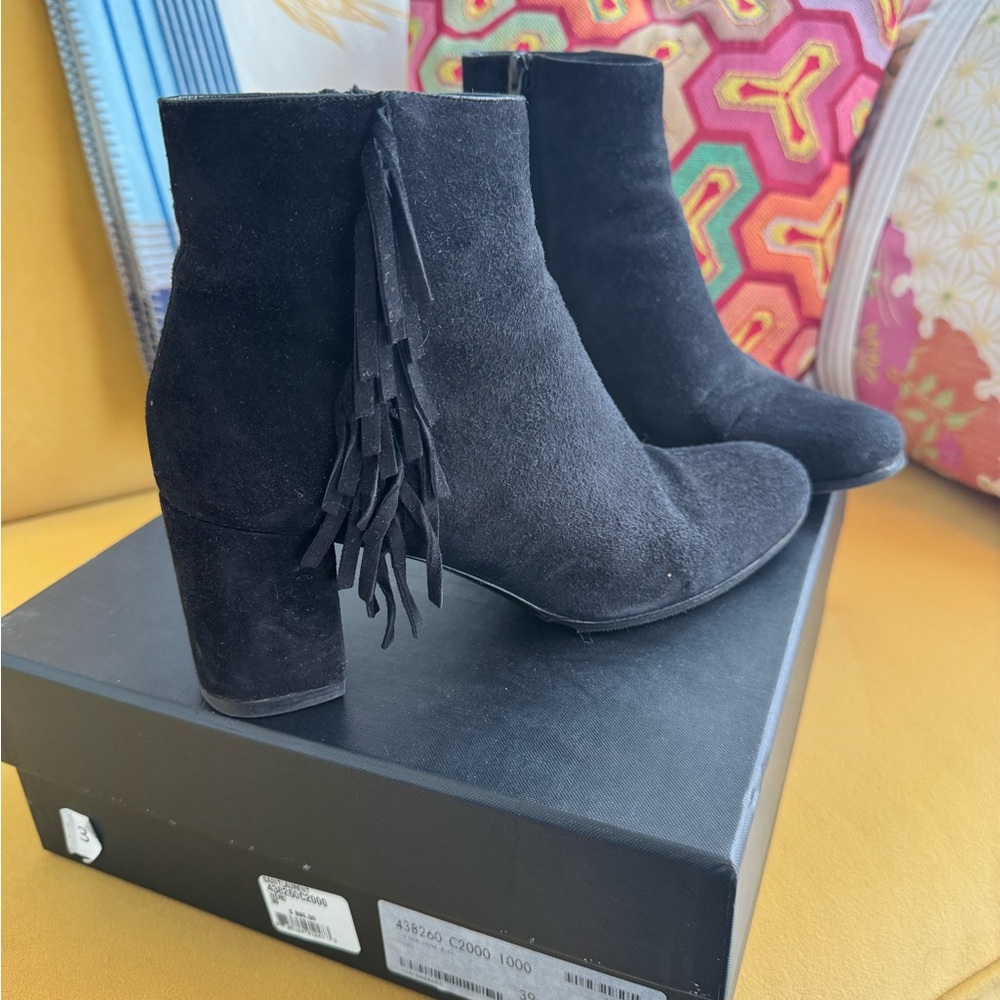 Saint Laurent Black Suede Heeled Boots with side fringe
